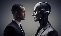 two men in suits with a robot mask on