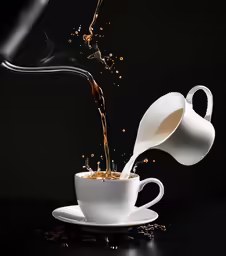 white teacup and saucer filled with coffee being poured into it