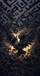 black bird with dark swirl and light on the background