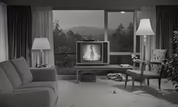 a small tv sitting in a living room next to some couches