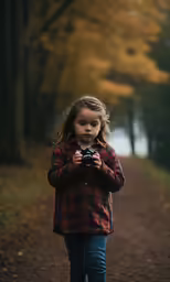 little girl with an unimaginad camera on the path