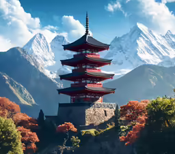 a tall pagoda is on a hillside with snow capped mountains