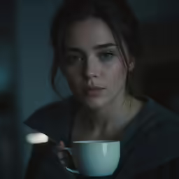 a woman with blue eyes holding a white cup