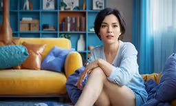 an asian woman sitting on a couch wearing no shoes