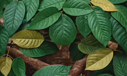 many different colors and sizes of leaves hanging on a tree