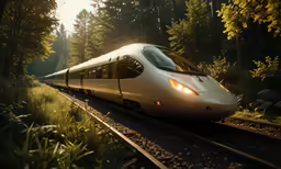 a high speed commuter train traveling through a forested area