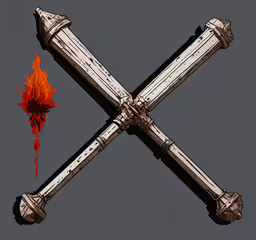 the crosses are being used to burn a piece of wood,two crossed metal items are painted red