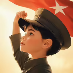 a woman wearing a hat looking up at a red star
