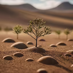 several trees in the desert with rocks all around them