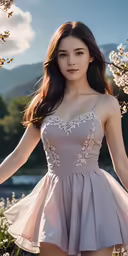 a woman posing in a grey dress on a background of flowers