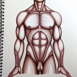 a drawing of the muscular male torso and his muscles,a human body is drawn by a student