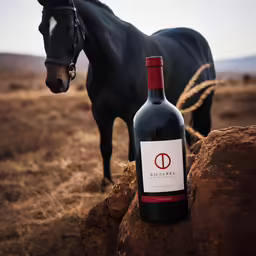 a horse is standing in the field with a bottle