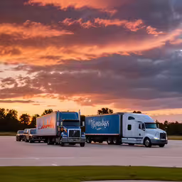 two trucks are parked in a parking lot at sunset,a couple of semi trucks parked next to each other