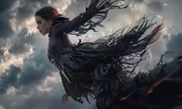 a woman wearing a black dress in the air with a bird next to her