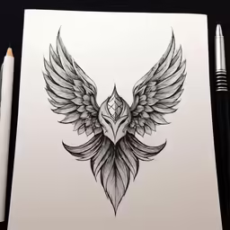 a drawing of a bird with large wings and a long tail