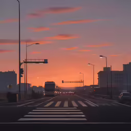 street lights and buildings as the sun is rising