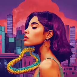 a painting of a woman wearing bright purple hair,a woman in a city skyline with her face covered with a rope