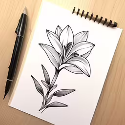 a black and white sketch of a flower on a piece of paper,a drawing of a flower in black and white