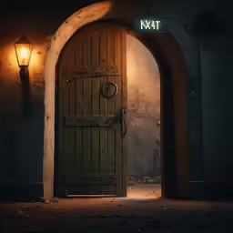 a lit light shines down over a large doorway