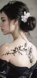 a beautiful woman with her hair in a messy updo and flower tattoo on her shoulder