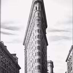 a very tall building towering over a group of buildings