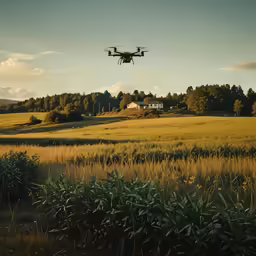 the quad quad flying over a field of crops