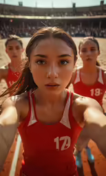 women in red sports uniforms in front of a stadium