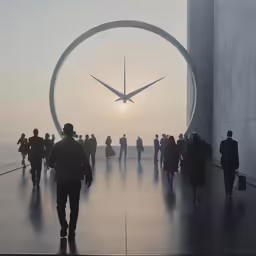 a large clock on the wall over people