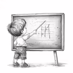 a boy is holding a stick to a blackboard