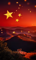 a cow standing on a hillside with a golden star over it