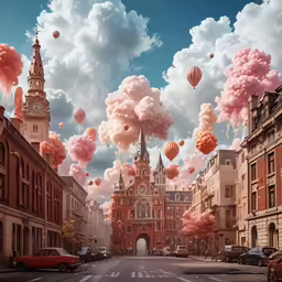 a bunch of balloons floating in the sky above a street