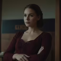 the woman in red shirt is looking at something