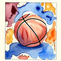 watercolor drawing of a basketball on white paper,a watercolor picture with an orange basketball in blue and orange,a watercolor painting of a basketball in color,there is a ball and watercolor on a sheet of paper,a painting of a basketball with blue watercols