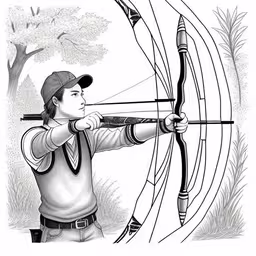 the man is aiming a compound in an archery game,the drawing shows an older boy aiming at a bow,a boy aiming an arrow into a bow,an ink drawing of a woman aiming with a bow and arrow,the boy is aiming at his own arrow