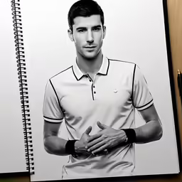 a drawing of a tennis player on the back cover of a notebook