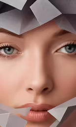 an attractive woman looks at the camera through the gray paper