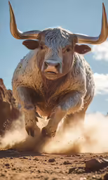 a large white bull is running in the dirt