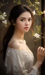 a woman in white shirt posing by fence with flowers