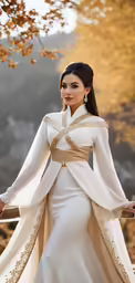 beautiful young woman in white oriental dress on grass with trees in the background
