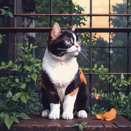 a black and white cat standing next to a bush