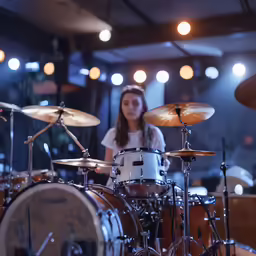 a woman playing the drums in front of some lights