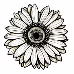 an abstract white flower is shown with black lines,a large sunflower with black and white lines, with the center of it