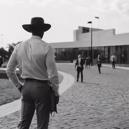 a black and white image of a man wearing a cowboy hat