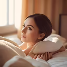 a woman laying on top of a bed covered in blankets