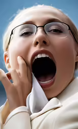 a woman is yelling with her mouth wide open