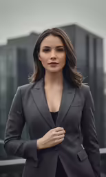 a woman in business attire is posing