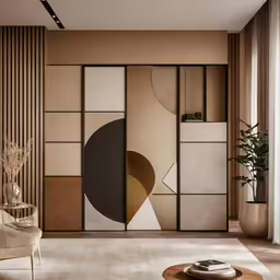 a large painting is shown next to a modern chair
