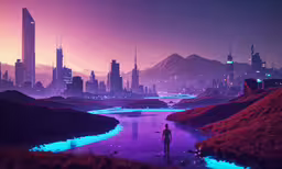 a man stands in front of a bright city,a man standing on top of a lush green hillside