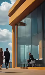a man in a suit standing on a porch next to a woman