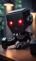 a robot standing on top of a wooden desk